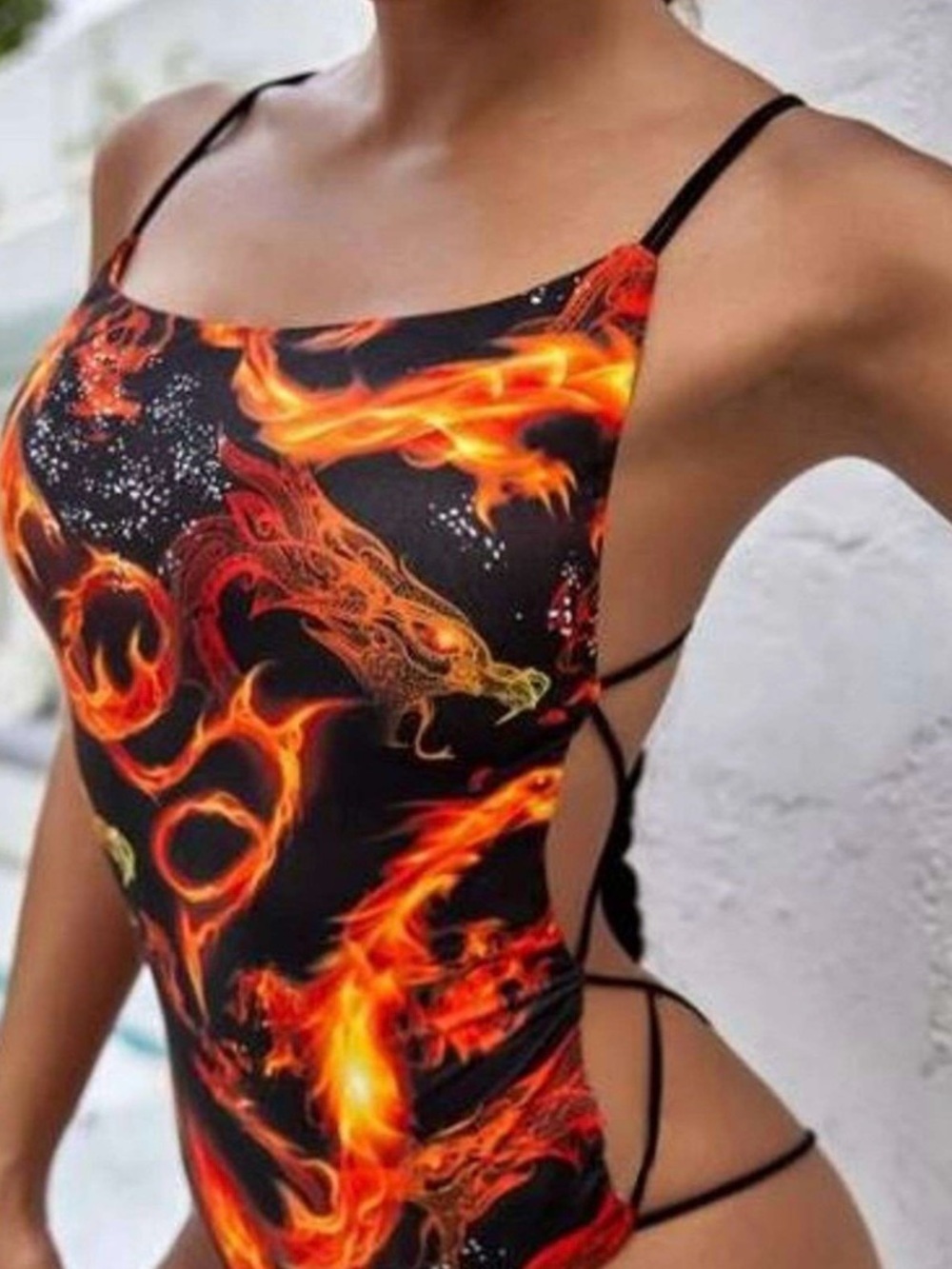 Black And Orange Fire Dragon Backless Strappy Bodysuit